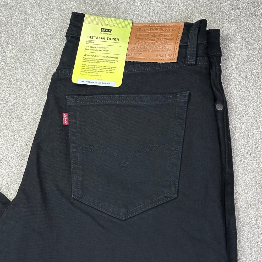 New Levis Mens 34x36 512 Slim Taper Jeans Black Flex Eco Performance